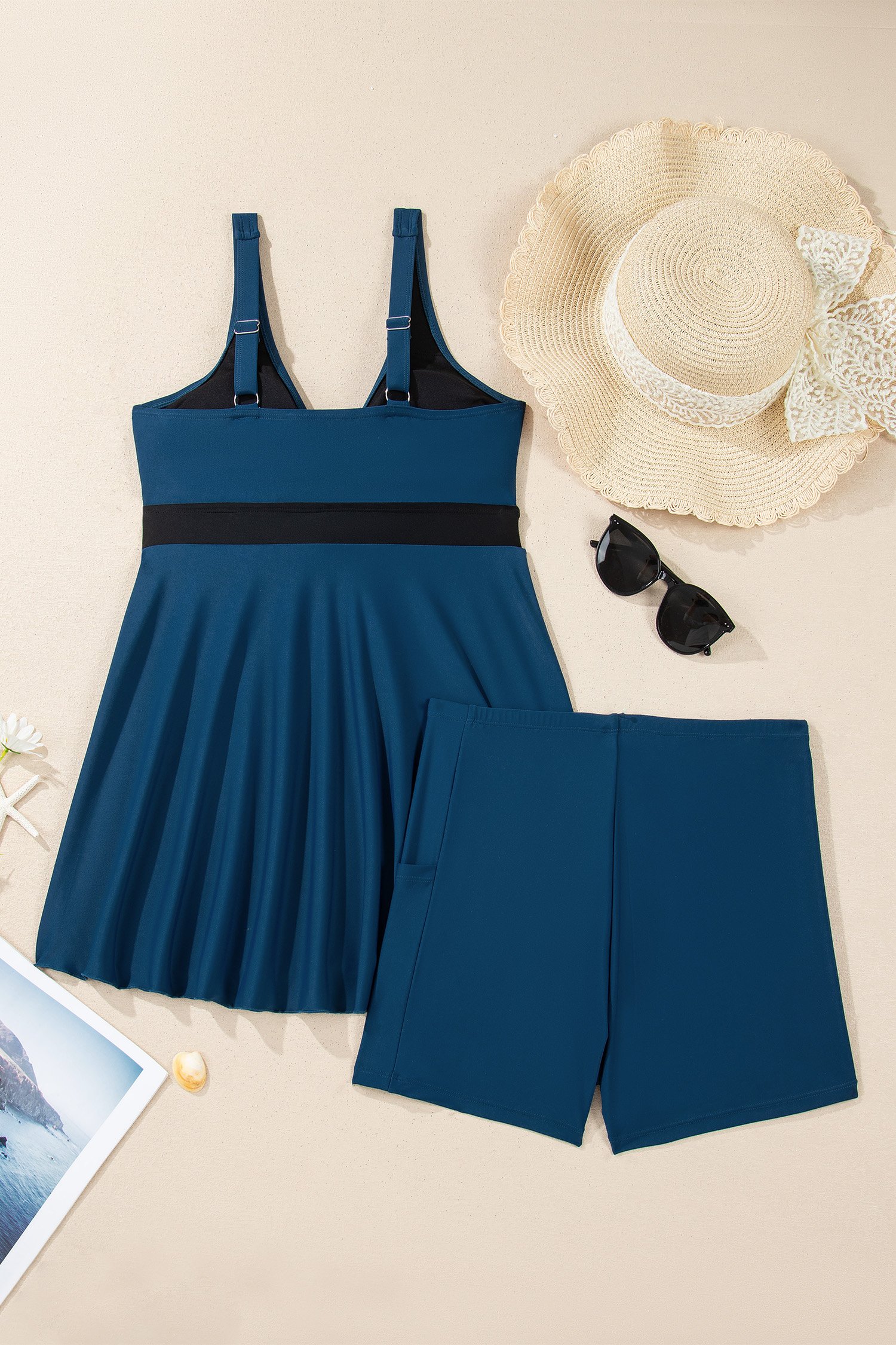 Sail Blue Color Block Patchwork Bow Knot Detail Sleeveless Swim Dress - Image 9
