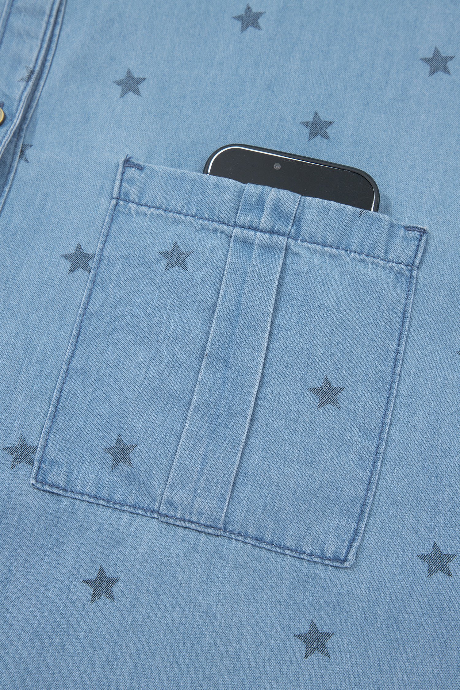 Beau Blue Star Allover Print Double Chest Pocket Short Sleeve Denim Shirt - Image 12