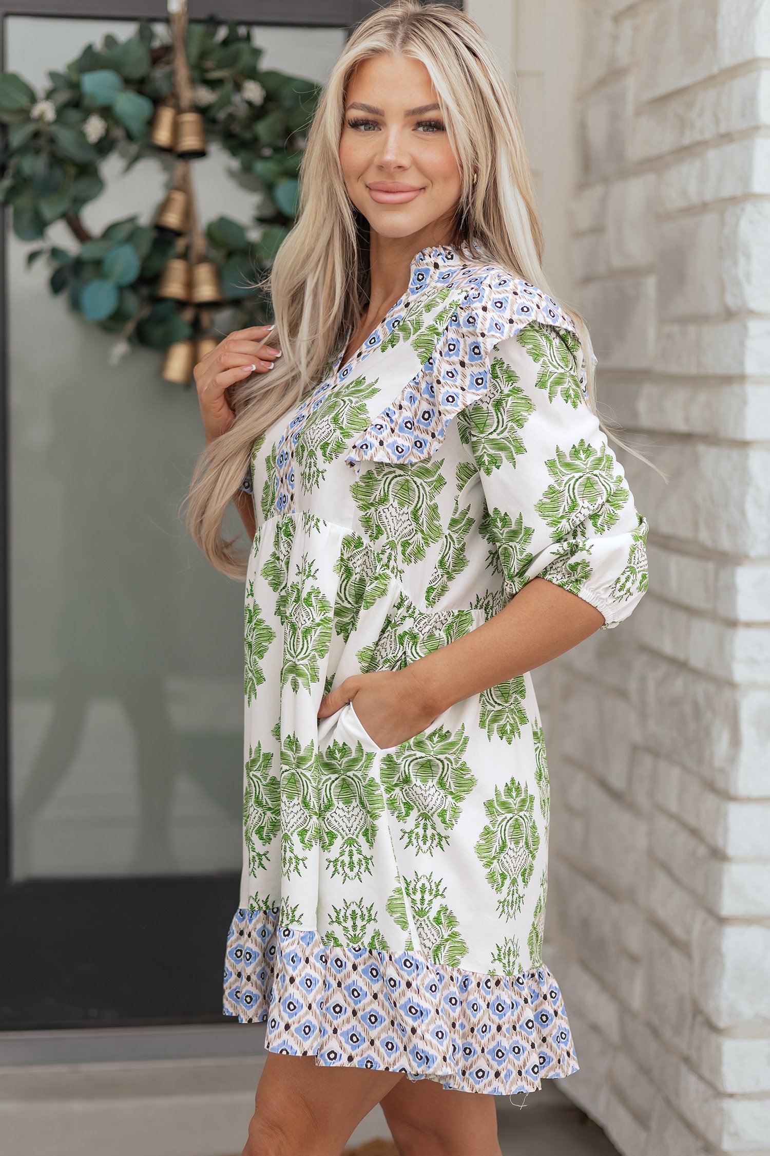 Green Floral Print Contrast Patchwork Ruffle Detail Mini Dress - Image 21
