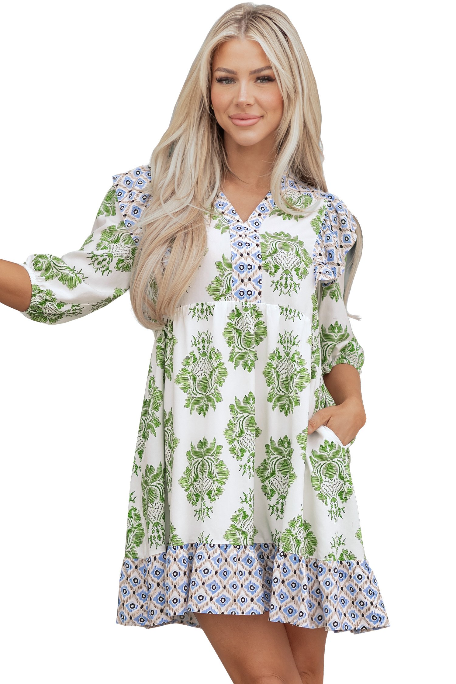 Green Floral Print Contrast Patchwork Ruffle Detail Mini Dress - Image 26