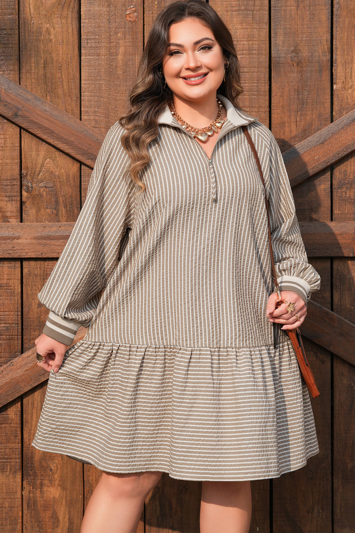 Khaki Stripe Zip up Collared Puff Sleeve Ruffled Plus Size Mini Dress - Image 13