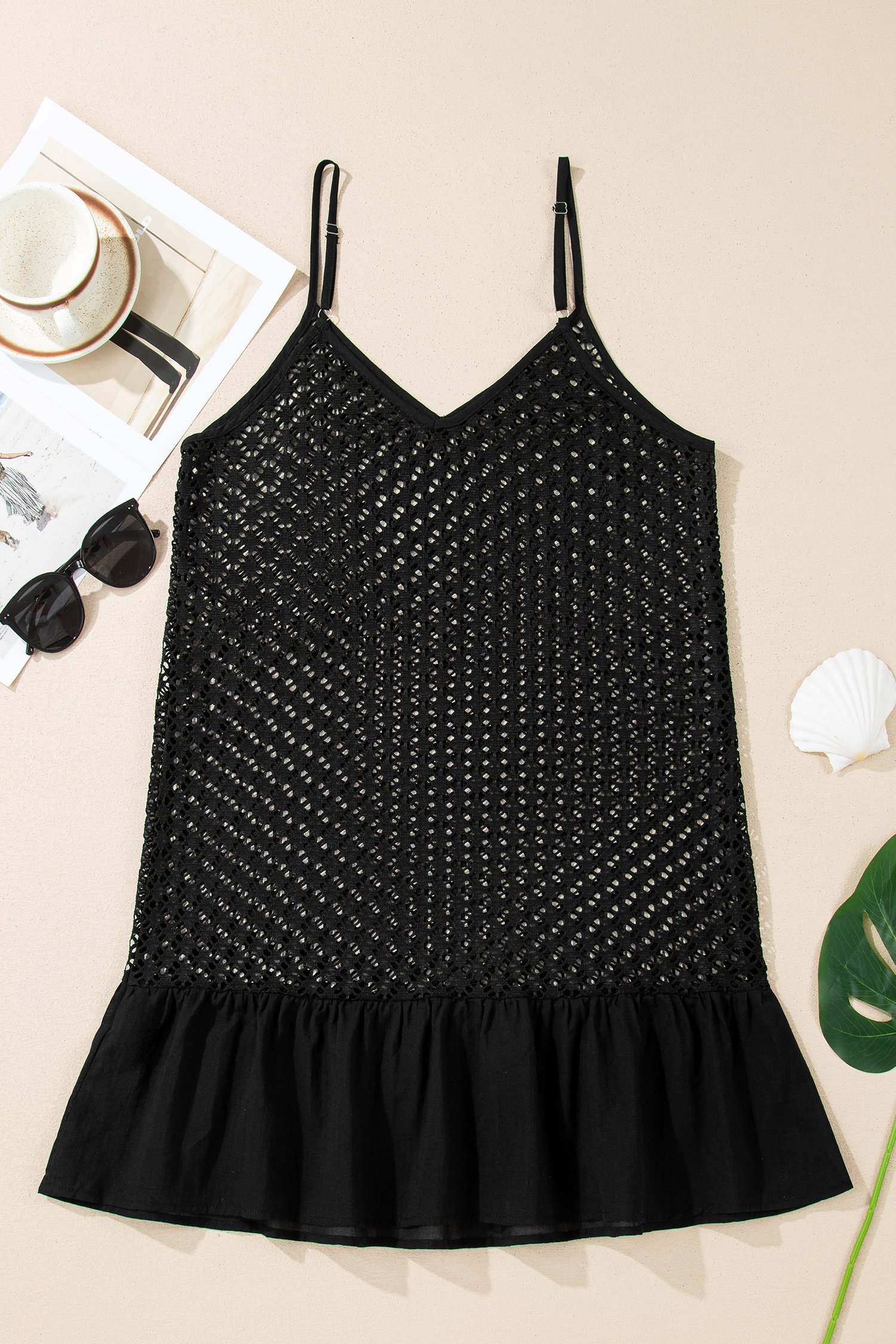 Black See Through Patterned Knit Ruffle Hem Patchwork Beach Cover Up - Image 4