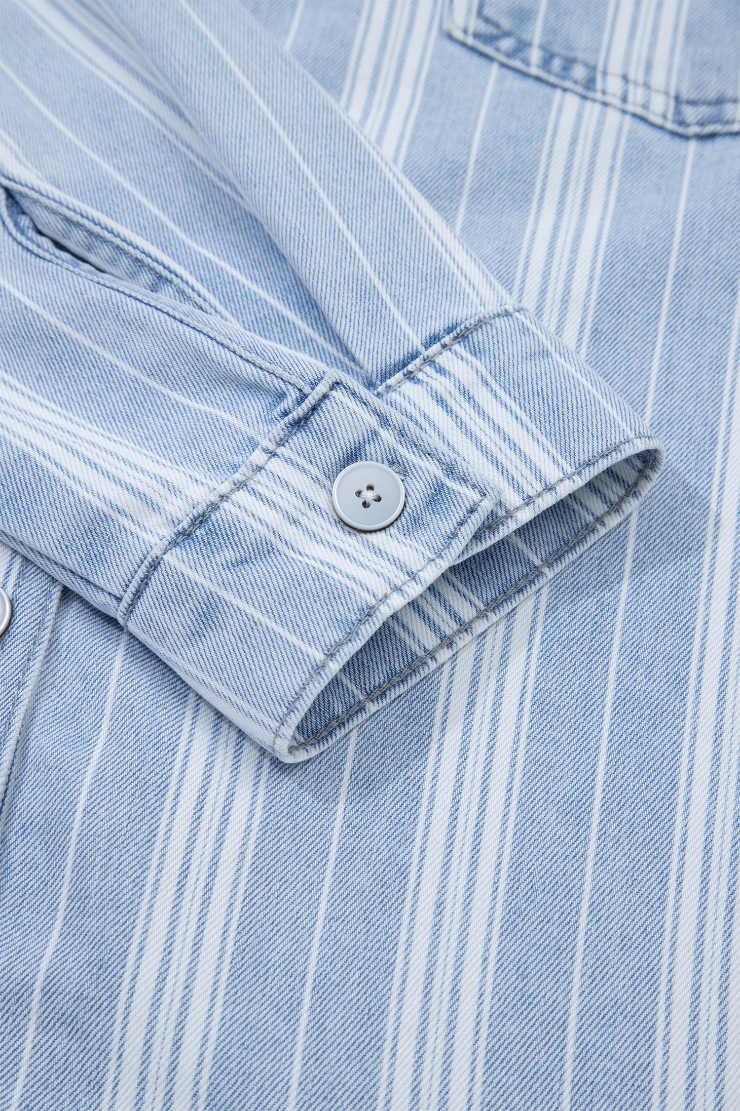 Sky Blue Stripe Boyfriend Chest Pocket Classic Denim Shacket - Image 17