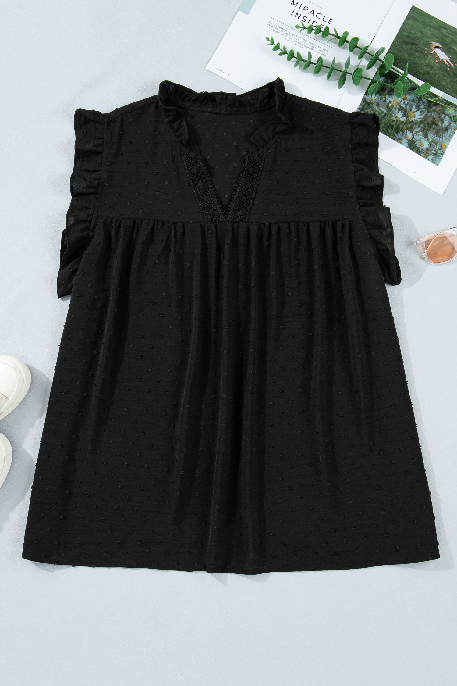 Black Plus Size Swiss Dot Ruffle Lace Trim V Neck Tank Top - Image 3