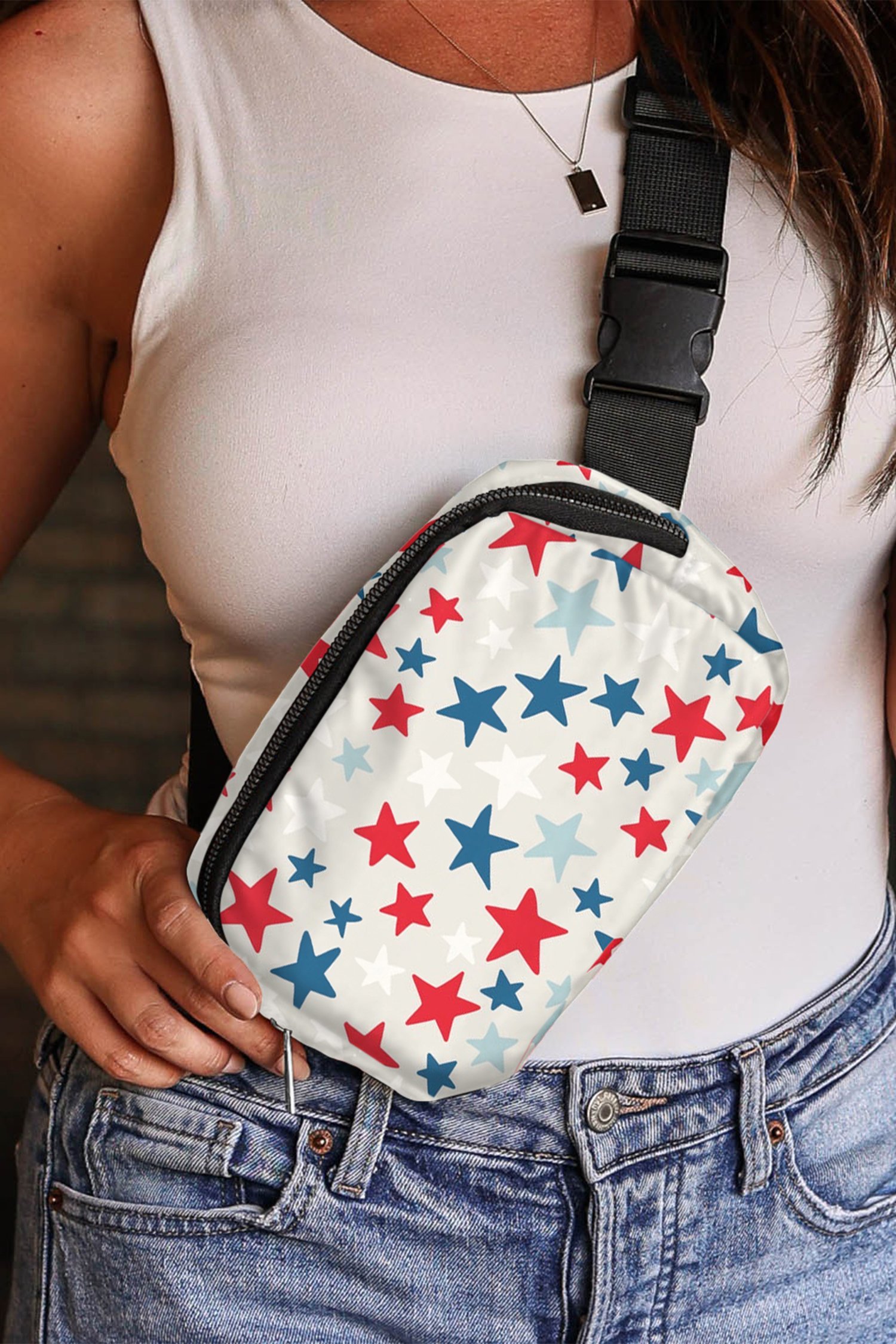 White Star Printed Buckle Strap Flag Day Crossbody Bag - Image 4