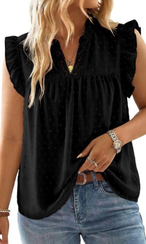 Black Plus Size Swiss Dot Ruffle Lace Trim V Neck Tank Top