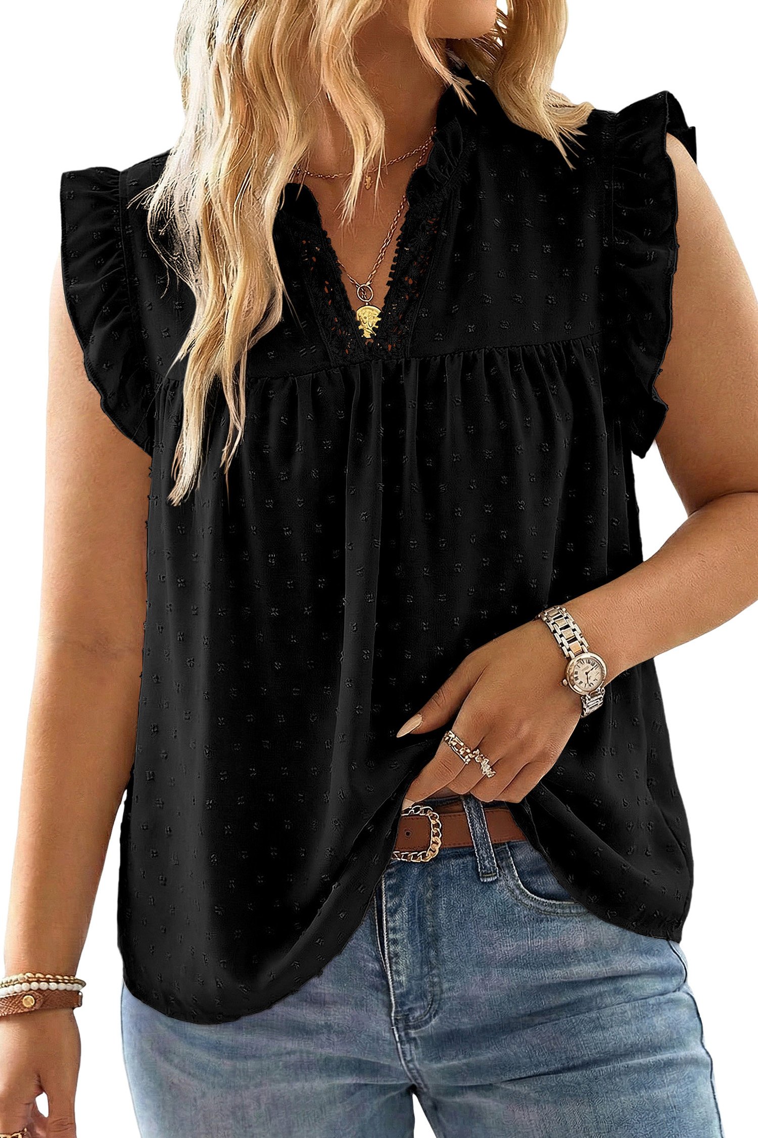 Black Plus Size Swiss Dot Ruffle Lace Trim V Neck Tank Top