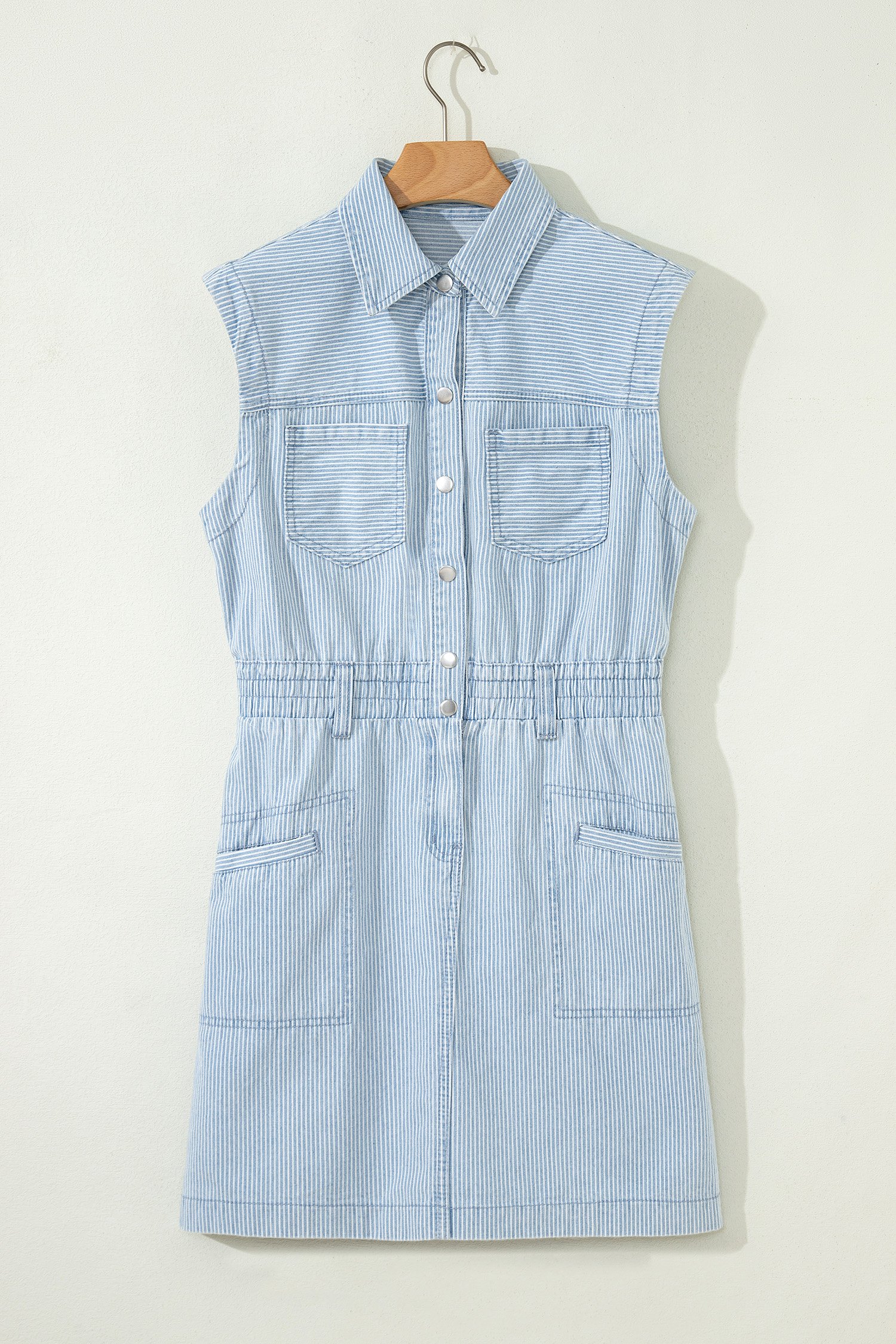 Sky Blue Stripe Collared Button Front Sleeveless Denim Mini Dress - Image 8