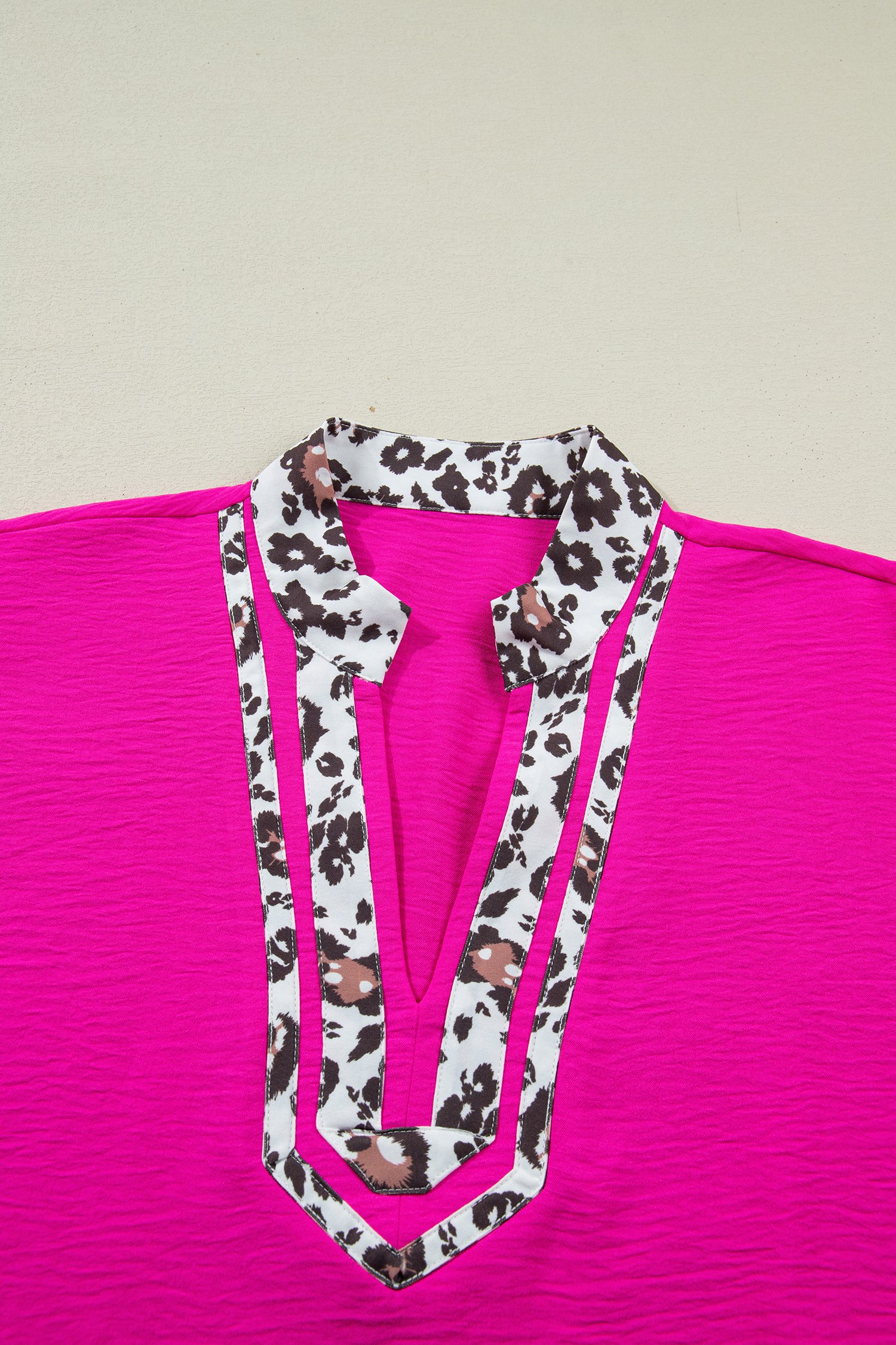 Rose Red Dolman Half Sleeve Leopard Patchwork Trim V Neck Blouse - Image 6