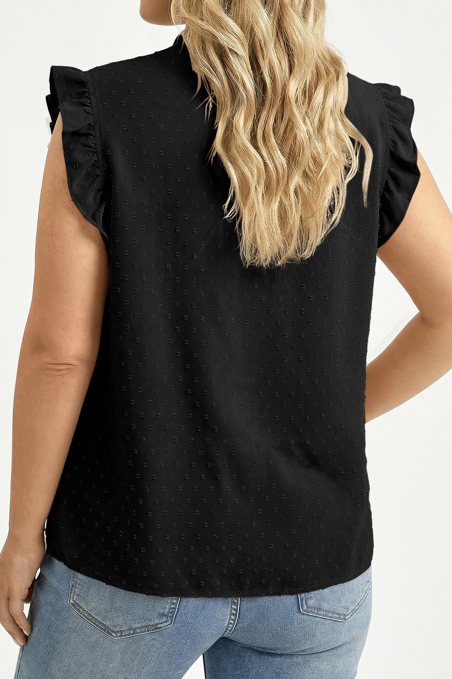 Black Plus Size Swiss Dot Ruffle Lace Trim V Neck Tank Top - Image 2