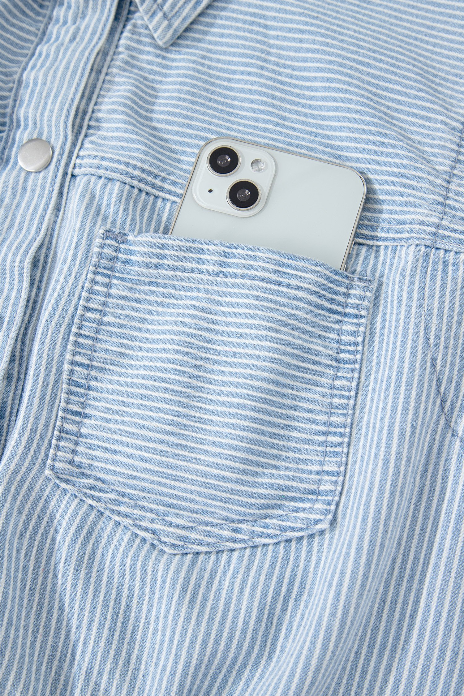 Sky Blue Stripe Collared Button Front Sleeveless Denim Mini Dress - Image 15