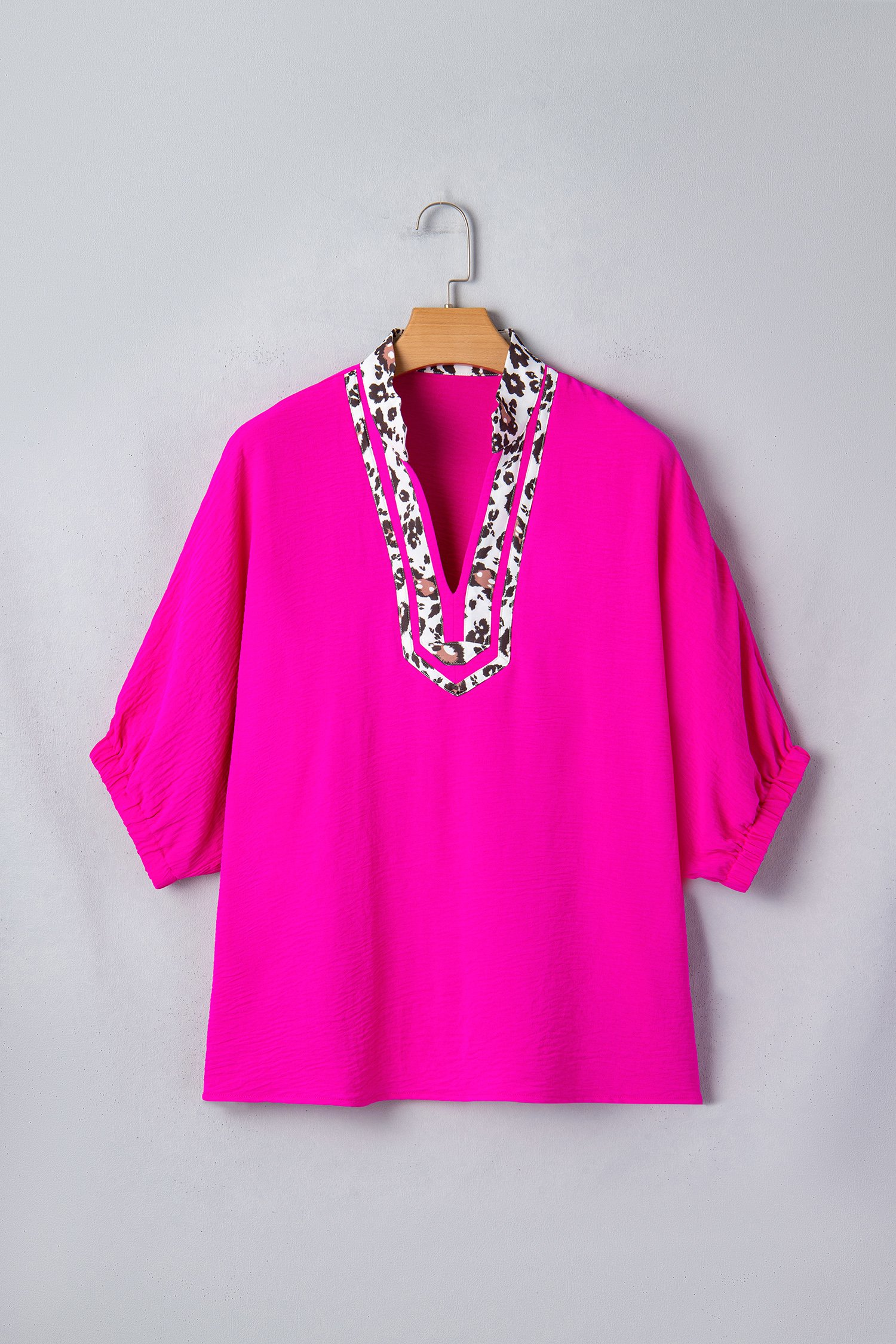 Rose Red Dolman Half Sleeve Leopard Patchwork Trim V Neck Blouse - Image 4