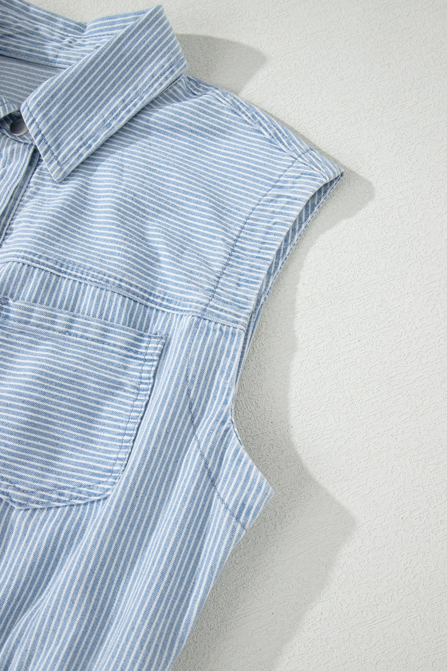 Sky Blue Stripe Collared Button Front Sleeveless Denim Mini Dress - Image 16