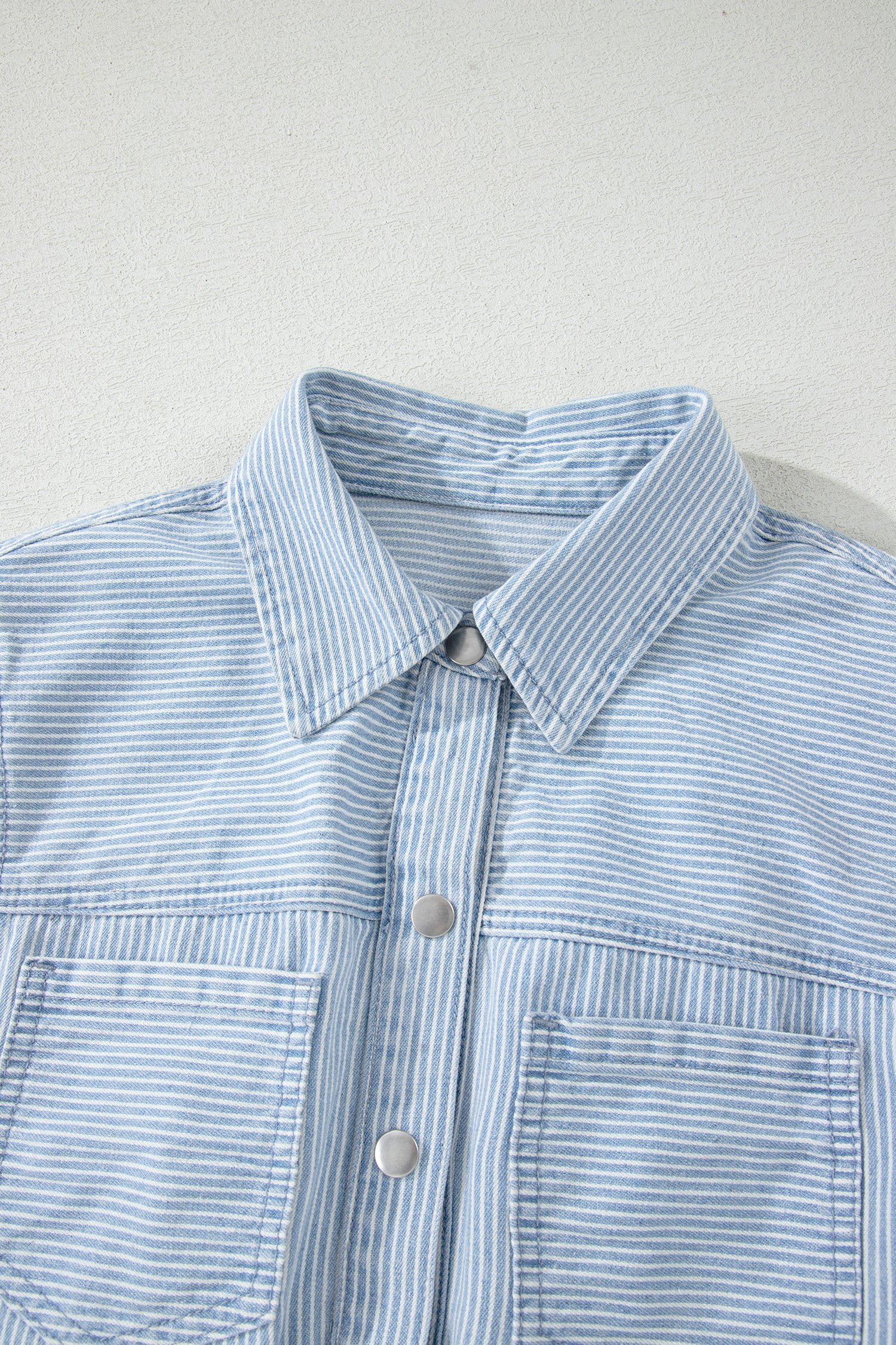 Sky Blue Stripe Collared Button Front Sleeveless Denim Mini Dress - Image 17