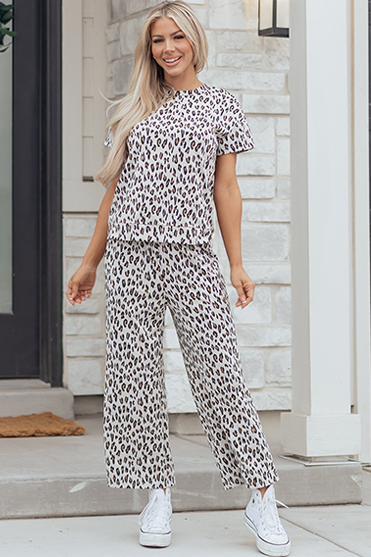 Beige Leopard Print Casual Tee and Pants 2pcs Outfit - Image 8